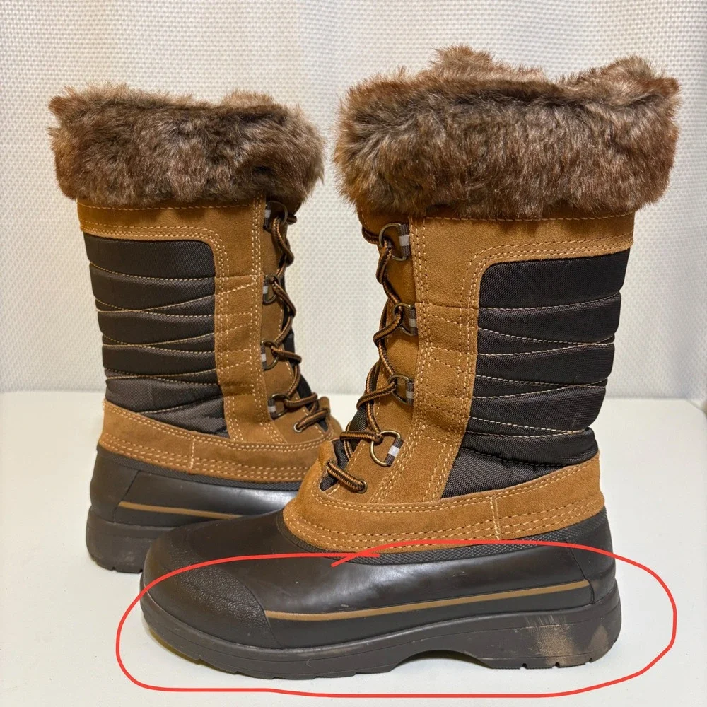 Lands End Womens Snow Duck Boots 7.5 Brown Insulated Faux Fur Winter Gorpcore